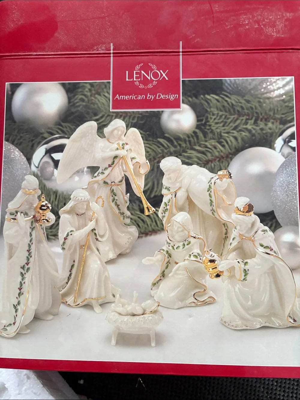 Lenox White and Gold Porcelain Nativity Set with Holly Trim